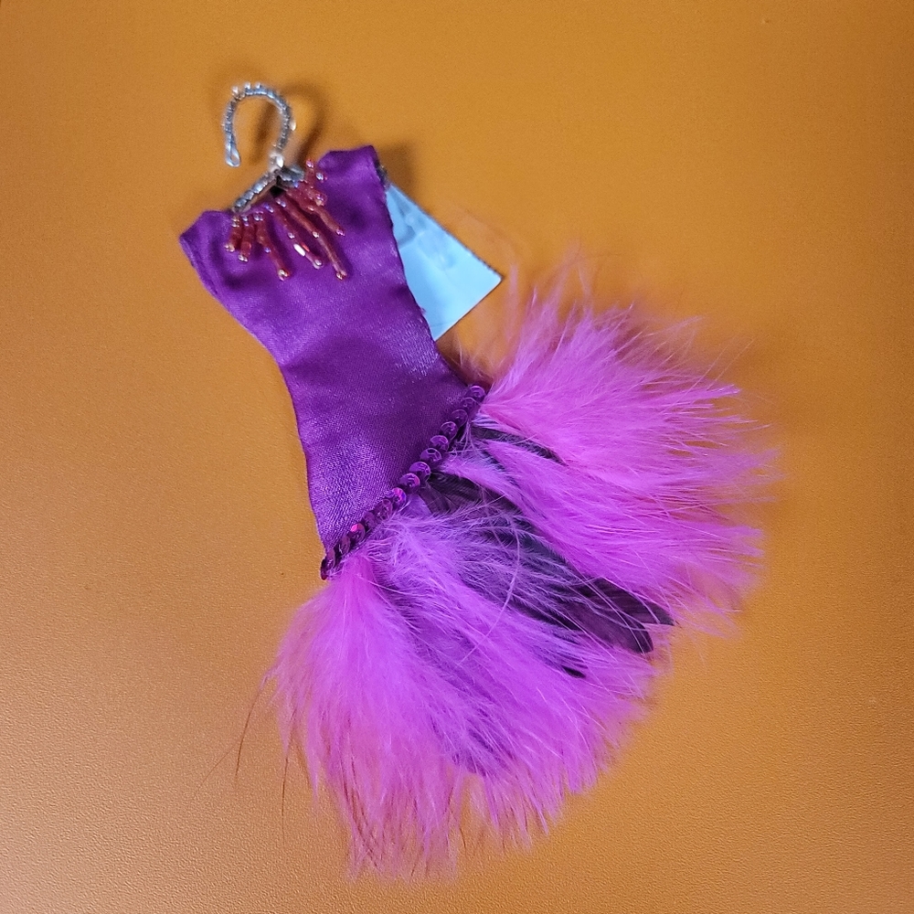 Marshall Fields vintage Christmas ornament silk and feather pink dress